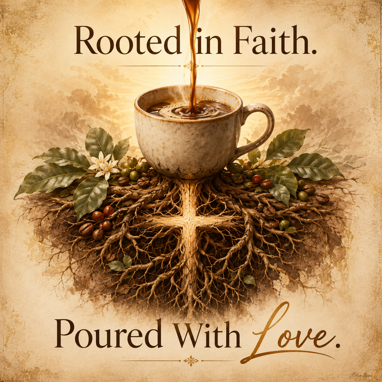A coffee cup with roots forming a cross, representing faith and love poured into every cup